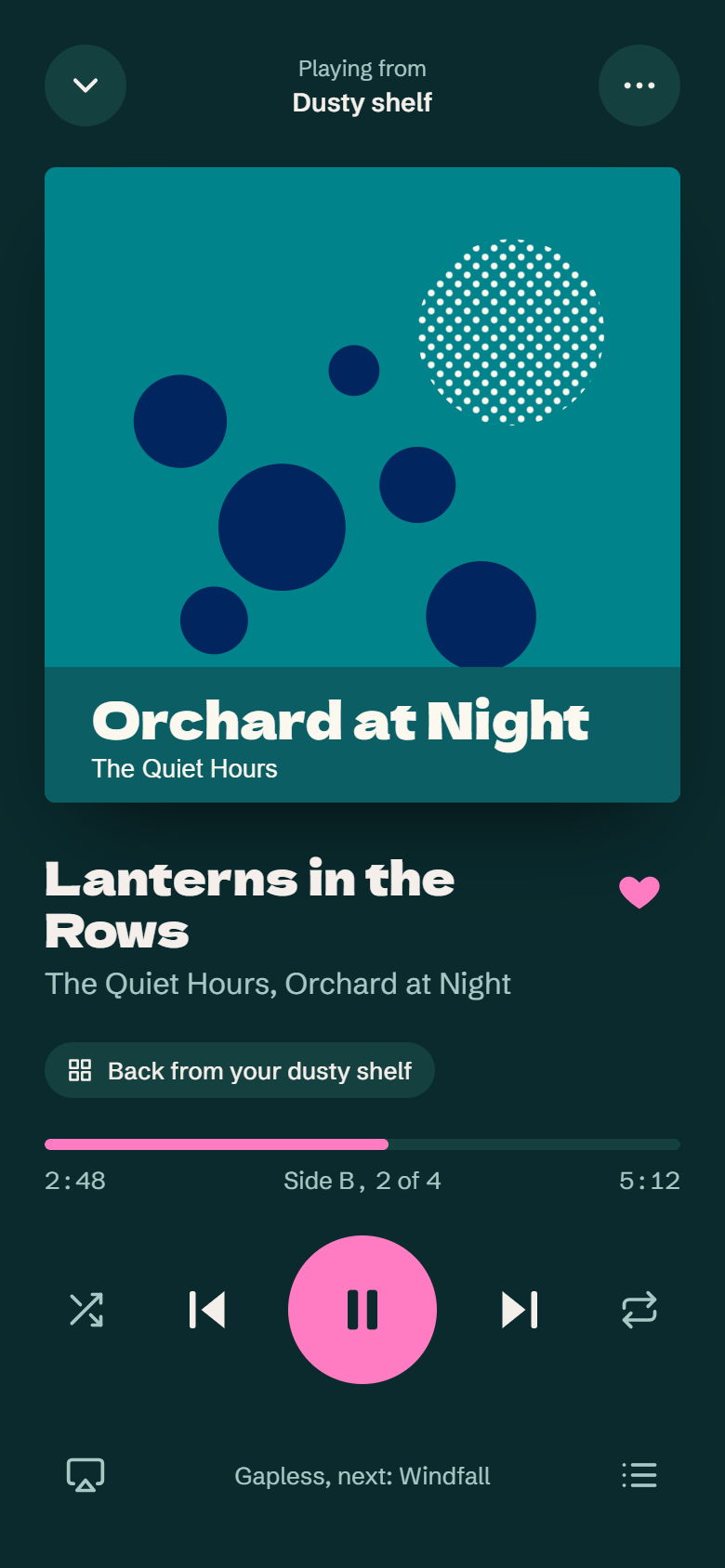 The same now playing screen recolored teal and pink from the Orchard at Night cover