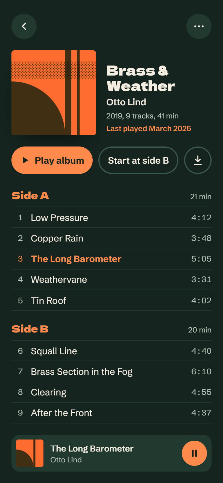 Album screen with the tracklist split into side A and side B